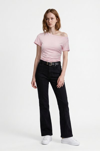 HAKKE Pantaloni de damă din denim cu curea, stil Flare, cu dungi