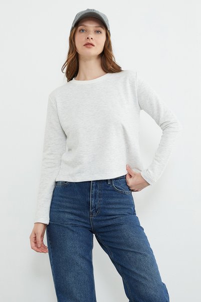 Fulla Moda 3 Thread Ribbed Sweatshirt with Ribbed Neckline