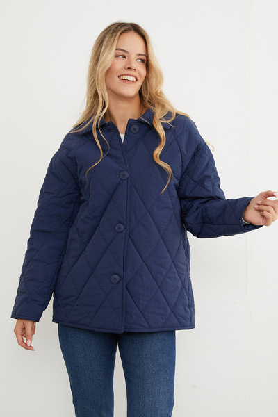 Fulla Moda Baklava Desen Kapitone Oversize Düğmeli Mont