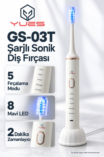 YUES GS-03T Şarjlı Sonik Elektrikli Diş Fırçası 5 Mod 8 LED Işıklı 2 Başlıklı...