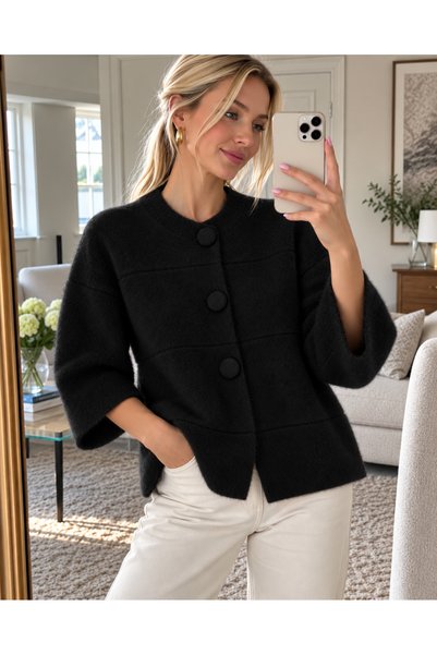 Ypc Women's Oversized Knitwear Jacket-Looking Cardigan with Button Detail