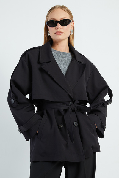 Fulla Moda Beli Kemerli Kruvaze Yaka Oversize Trençkot