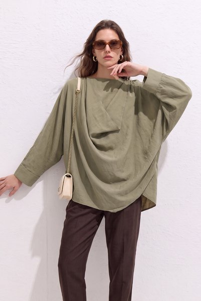 zenne Shoulder Shawl Detailed Tunic Y0156 - Light Khaki
