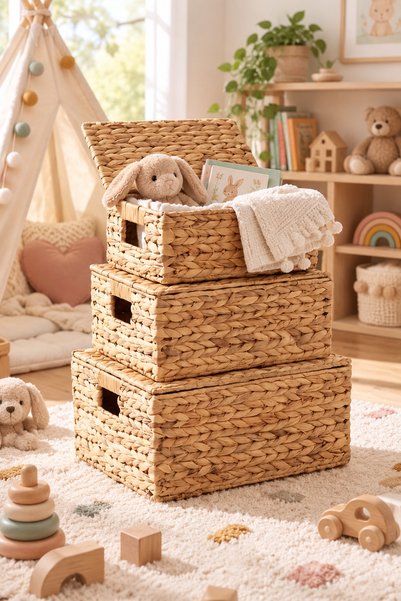 KaiHome Wicker Water Hyacinth Rectangular Organizer/Basket/Organizer with 3 Lid