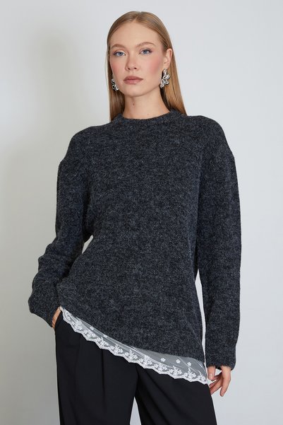 Fulla Moda Ruffled Skirt, Crew Neck, Loose Knit Sweater