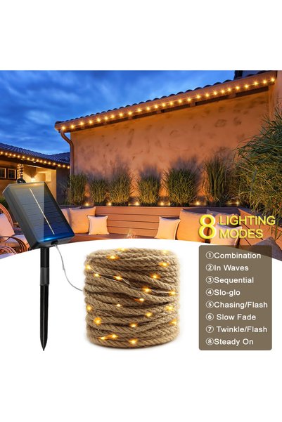 Choice 5M-100LED Solar Powered Hemp Rope String Lights 8 Modes Waterproof Fai...
