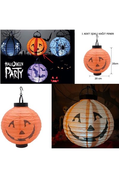 partidolu Halloween 20 cm Led Işıklı Balkabağı Desenli Turuncu Renk Kağıt Jap...