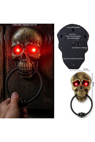 partidolu Halloween Eskitme Altın Renk Kurukafa Şekilli Tokmaklı Sesli Işıklı...