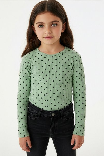 Fulla Moda Puantiye Desenli Bisiklet Yaka Kız Çocuk Bluz