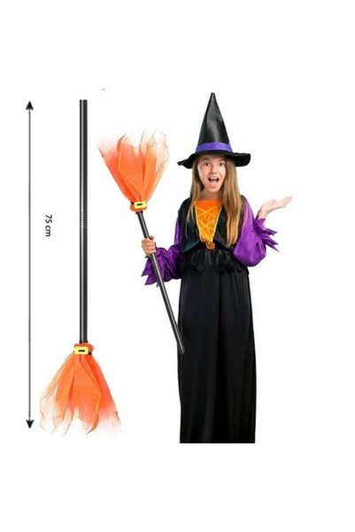 partidolu Halloween Yetişkin Çocuk Uyumlu 75 cm Tüllü Cadı Süpürgesi Turuncu ...