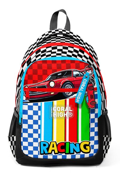 Coral High Kids Red Car Patterned Three Compartment School Backpack 33257