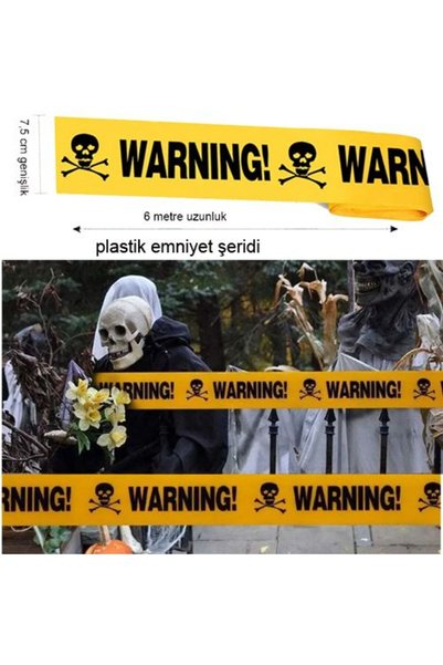 partidolu Halloween Plastik Warning Yazılı Sarı Renk Emniyet Şeridi 6 mt