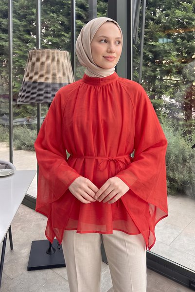 Salih Çelebi Drawstring Raglan Sleeve Tunic Y0150 - Red