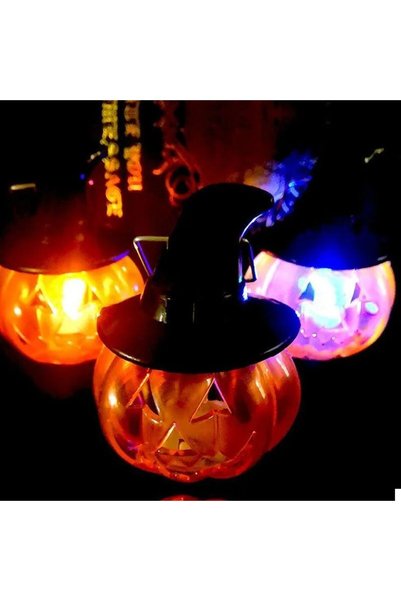 partidolu Halloween Karışık Renk Işıklı Plastik Şapkalı Balkabağı Fener 9x6,5...