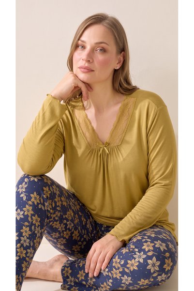 Miss Meryem Pijama set velike veličine sa viskoznom čipkom i detaljima od sen...