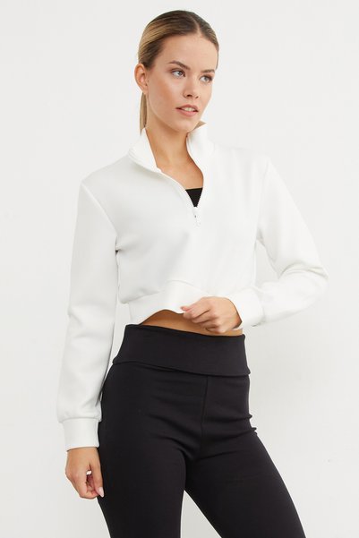 Fulla Moda Half Zipper Stand Collar Crop Sweatshirt
