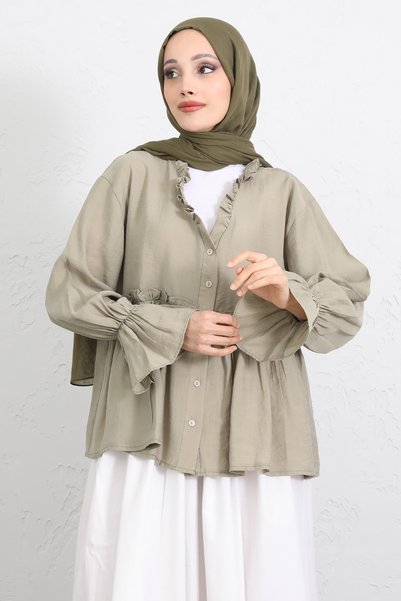 Salih Çelebi Fırfır Yaka Peplum Gömlek Y0107 - AÇIK HAKİ