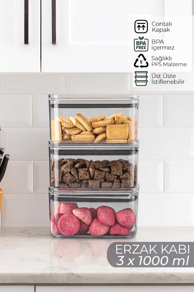 Nesto Home 3'lü Set 1000 ml Silikon Contalı Dikdörtgen Erzak Saklama Kabı