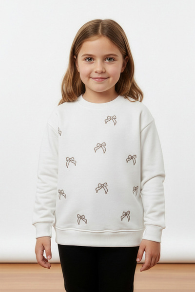 Fulla Moda Bowknot Embroidered Stoned Girls' Sweatshirt