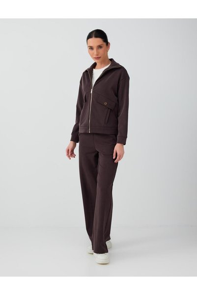 Jimmy Key Bitter Brown Elastic Waist Wide Leg Straight Cut Modal Trousers