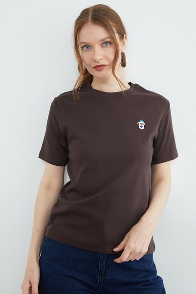 Fulla Moda Dog Embroidered Crew Neck T-Shirt