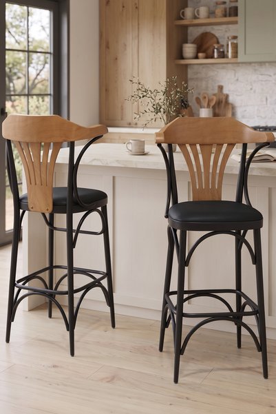 Canisa Wabex Serisi 1 Adet 66 Cm Siyah Suni Deri Kumaş Siyah Metal İskeletli Mutfak Bar Sandalyesi