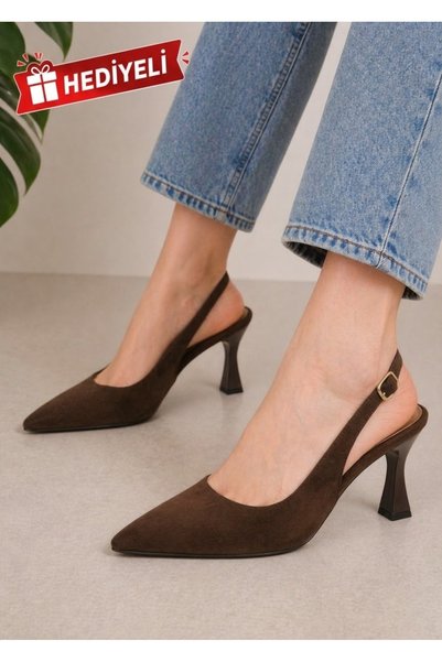 oliviashoes Women's Brown Suede Thin 9cm Heel Shoes with Side Buckle and Poin...