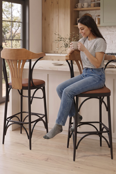 Canisa Wabex Serisi 1 Adet 66 Cm Taba Suni Deri Kumaş Siyah Metal İskeletli Mutfak Bar Sandalyesi