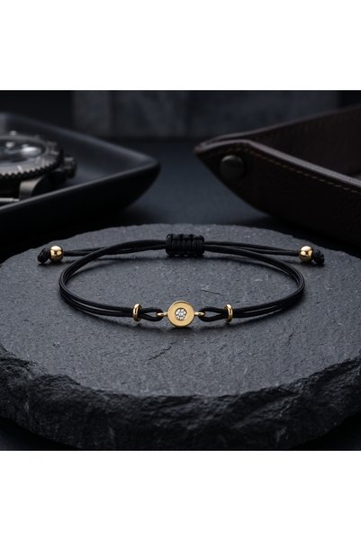 Siyah İp Gold Bileklik Tek Taş Zirkon Taşlı Ayarlanabilir Erkek Bileklik