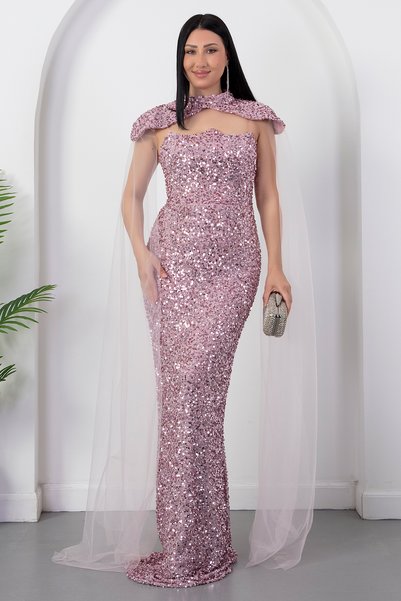 PULLIMM Strapless Neckline Sequined Evening Dress with Bolero Ecr5683