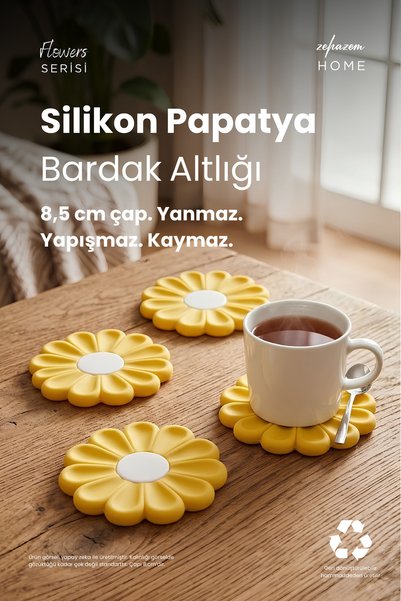 siliconist Papatya Konsept Bardak Altlığı - 8.5 cm çap - Sarı