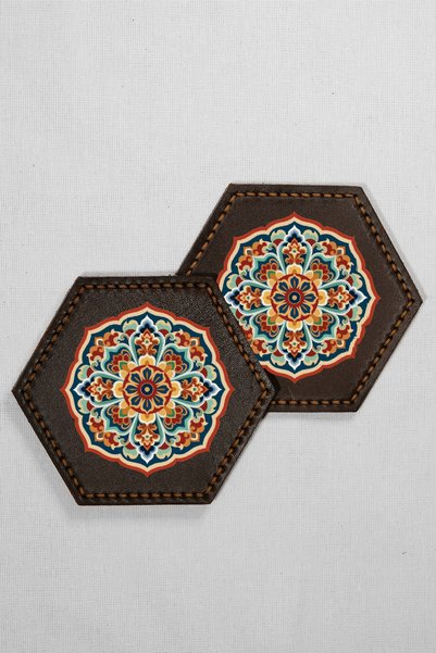 INKD Set of 2 Leather Coasters - Genuine Vegetable Leather - Mandala Printed ...