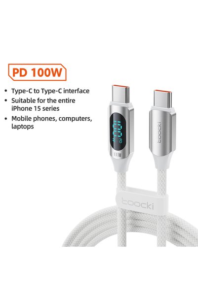 Toocki كابل USB C أبيض بطول 1 متر وقدرة 100 واط لسامسونج مع شاشة LED رقمية 5A...