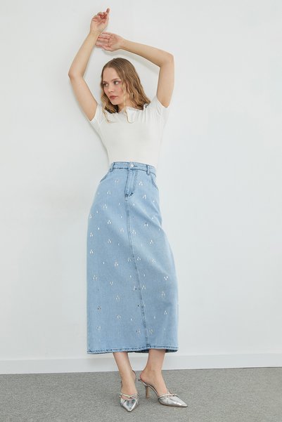 Fulla Moda Taş Detaylı Cepli Jean Etek