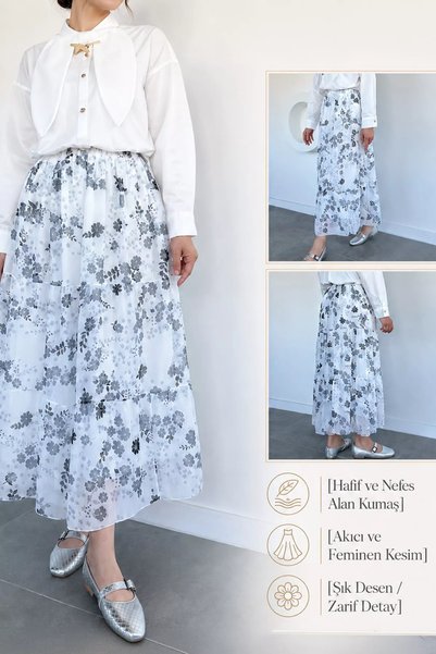 TOZLU Patterned Chiffon Hijab Skirt with Elastic Waist