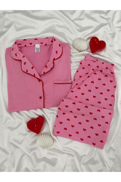 Lena Homewears طقم بيجامة ميلان وردي مع نقشة قلب حمراء