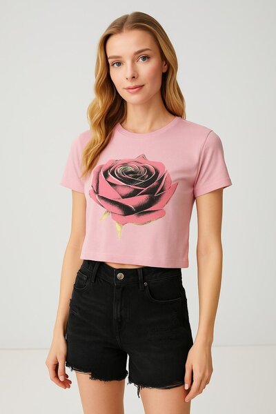 HAKKE Μπλουζάκι με στάμπα με τριαντάφυλλο Lycra Single Jersey Crop