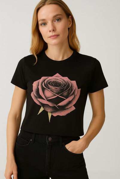 HAKKE Rose Printed Lycra Single Jersey Crop T-Shirt