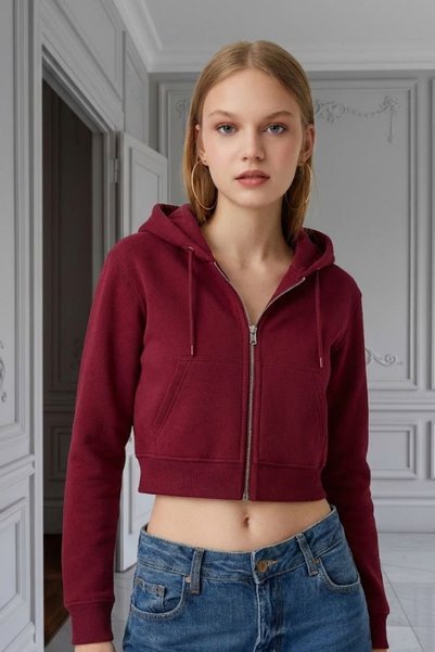 HAKKE Three Thread Zippered K Hooded Short Cardigan