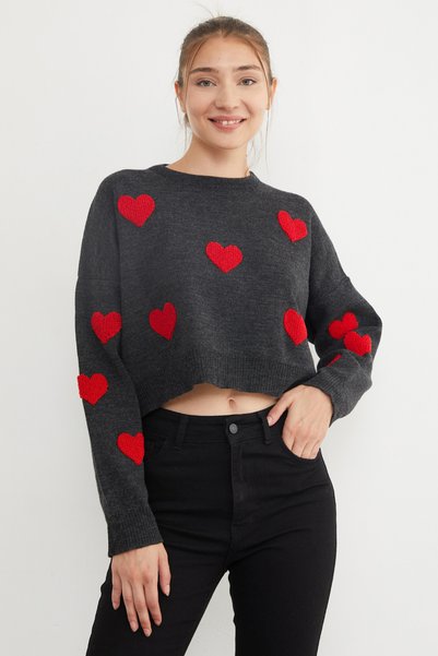 Fulla Moda Heart Embroidered Crop Knit Sweater