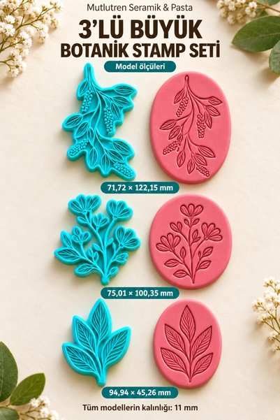 3 Farklı Büyük Botanik Stamp Seti – Çiçek ve Dal Desenli Kil, Seramik ve Polimer Kil İz Çıkarıcı