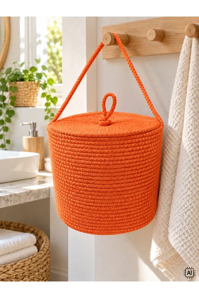 ÖRGÜM 25X20 cm Wicker Look Drawstring Basket with Lid and Hanger Multi-Purpos...