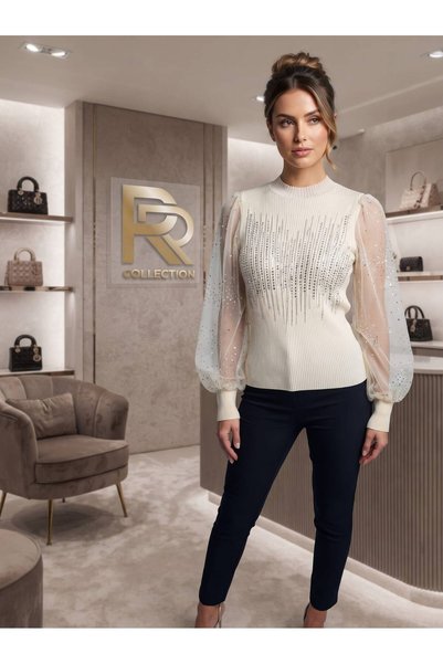 RR COLLECTION İthal Kadın Ekru Taş İşlemeli Tül Balon Kol Triko Bluz