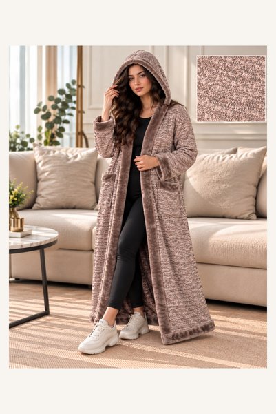 Generic Brand Women's Winter Plain Knitted Fur Hooded - Warm Long Coat
