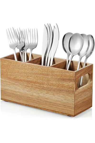 TERRIFI Silverware Holder [Acacia Wooden Utensil Caddy] | Silverware Organize...