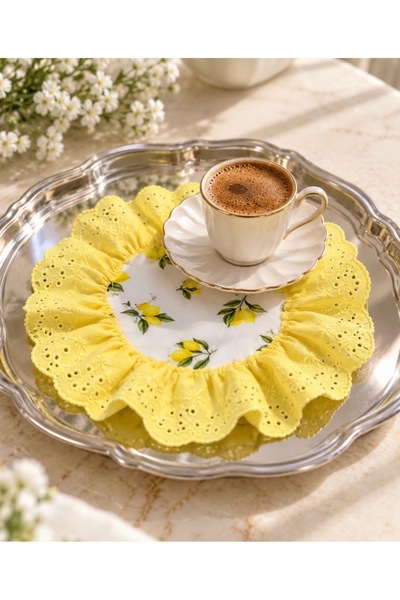 NURGİTA HOME Fırfırlı Fistolu Limon Desenli Yuvarlak Kahve Sunum Peçetesi & K...
