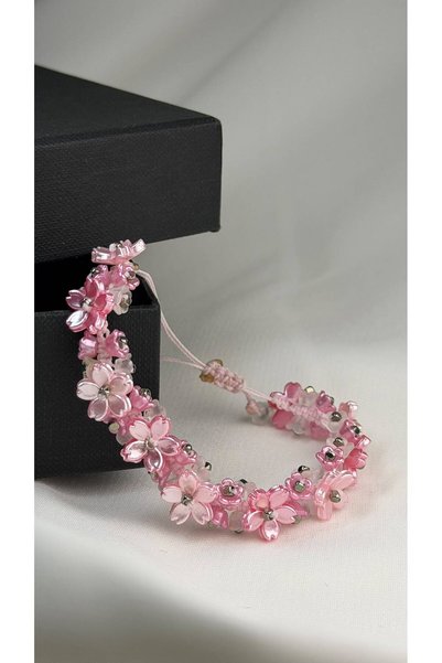 Gioriz Atelier Rose Bloom Sedefli Pembe Sakura Çiçek Tacı Örgülü El Yapımı Ay...