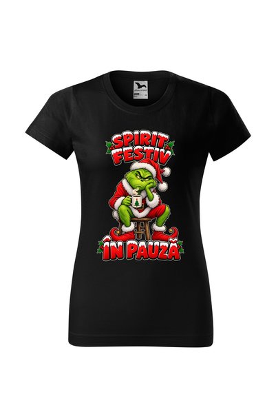 Malfini Tricou personalizat "Grinch - Spirit Festiv", Negru, Dama, Bumbac 100%,