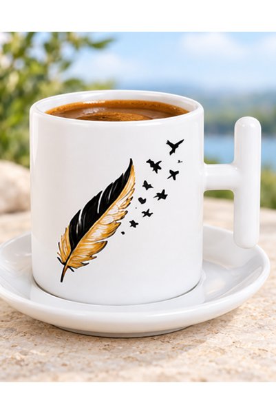 KADOREX DESIGN Gold Detailed Black Feather and Bird Figured Coffee Cup