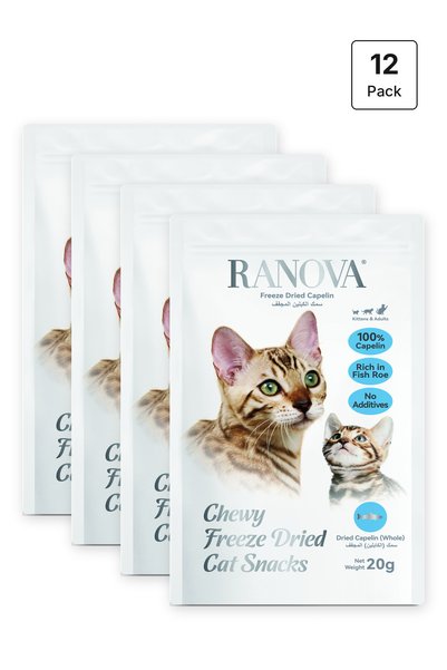 RANOVA وجبات كابلين مجففة بالتجميد للقطط، 12 عبوة × 20 جرام - سمك كامل، غني ب...
